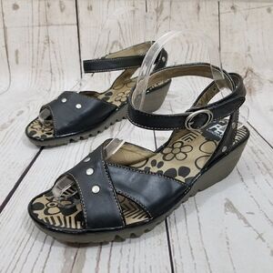 Fly London Oney Size 39 US 8-8.5 Black Leather Studded Ankle Strap Wedge Sandals